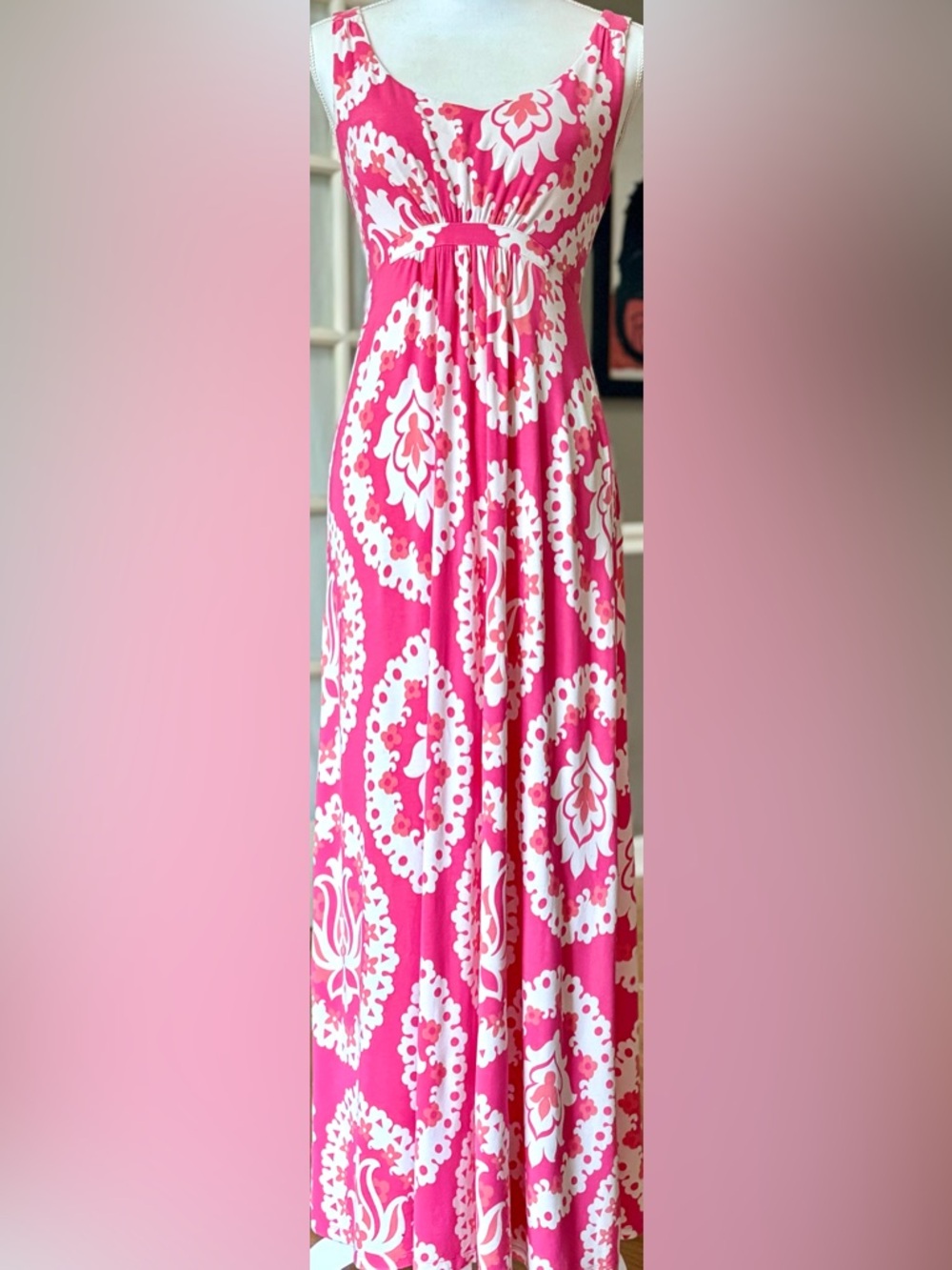 Boden Pink Floral Maxi Dress Petite 4 Empire Waist Sleeveless